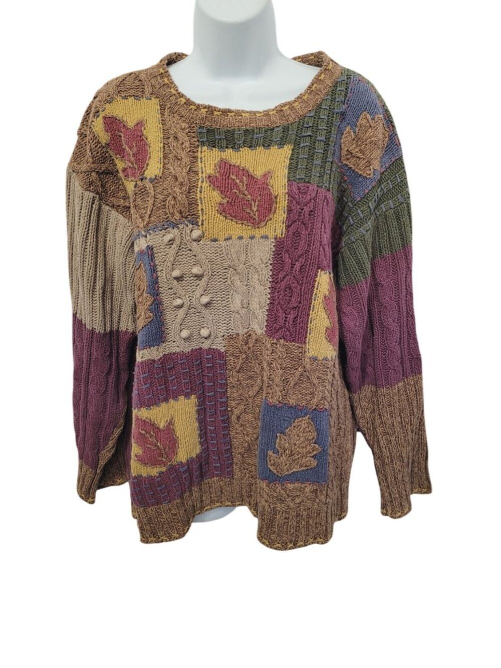Kenji Sweater L Knitted By Hand Y2K Heavy Cableknit Patchwork Cottagecore